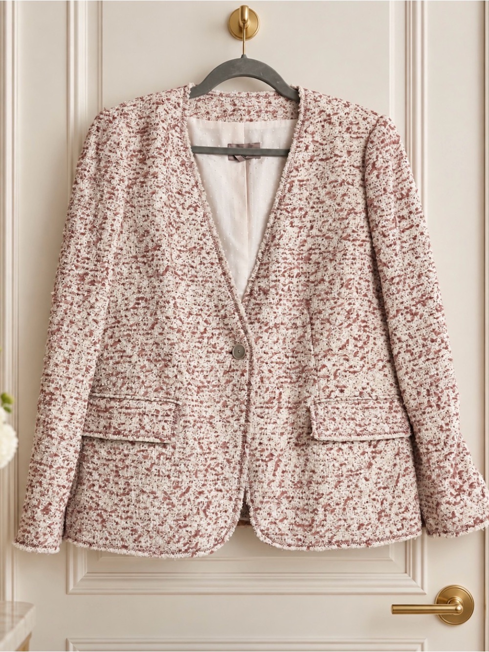 Rebecca Taylor Textured Tweed Blazer in a mauve and cream pink color blend